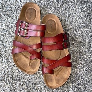 Maurices Red Leather Bercken Double Strap Slides